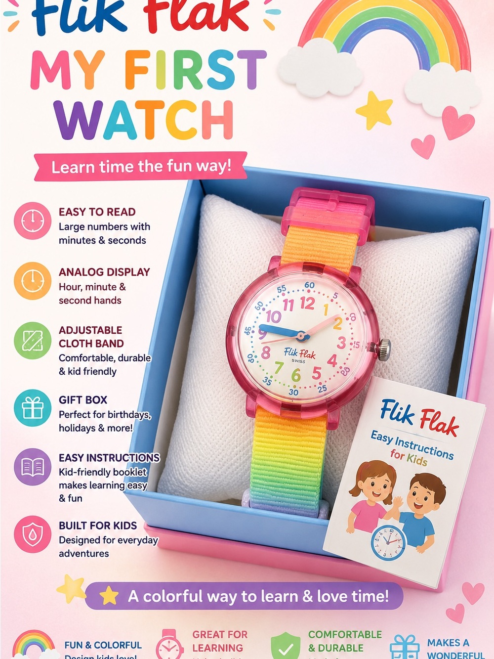Flik Flak Rainbow Pink Kids Learning Watch with Colorful Strap
